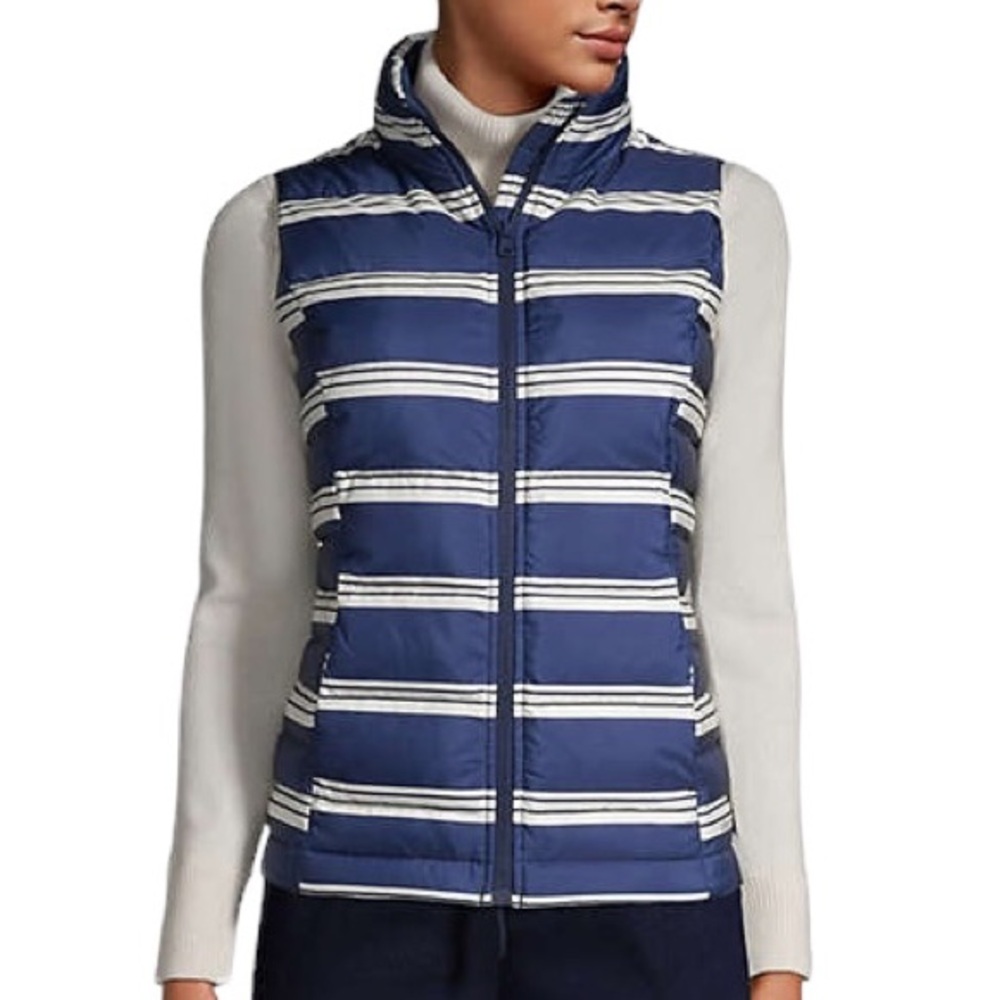 Lands’ End Down Puffer Vest Womens 2X 600 Fill Nautical Coastal Fisherman Stripe